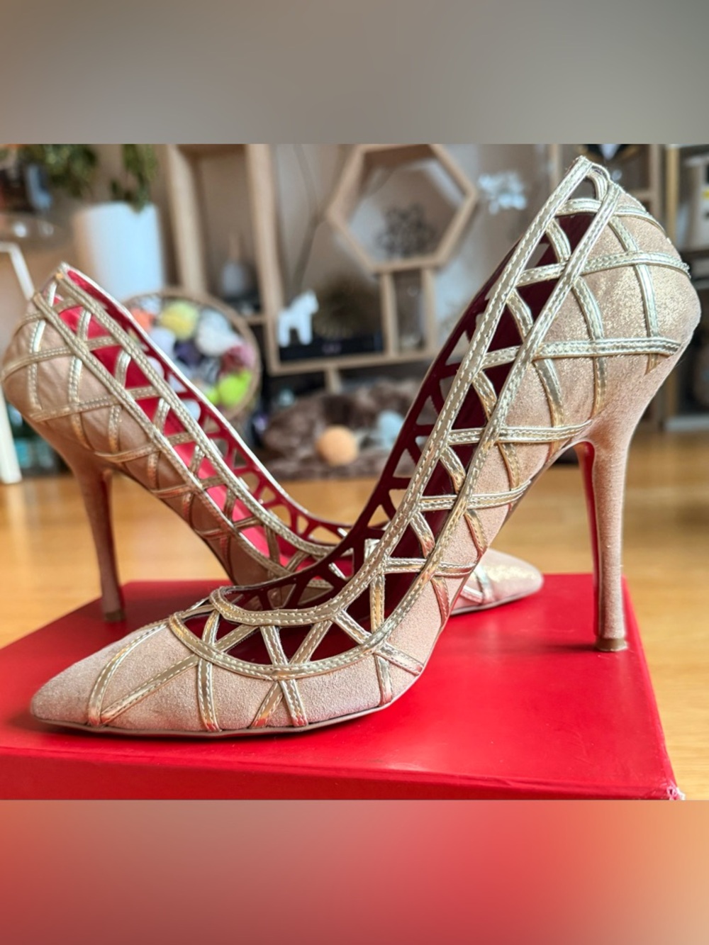 Charles Jourdan Paris- Gold Metallic Cutout Pointed-Toe Stilettos